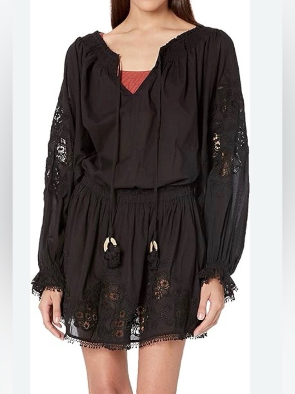 Black Boho Eyelet Long-Sleeve Mini Dress- coverup
